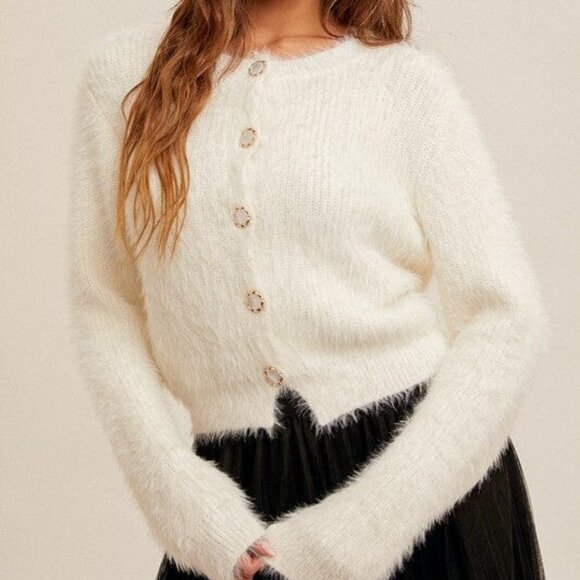 Hem & Thread Sweaters - Cream Eyelash Yarn Button Down Crop Cardigan NWT